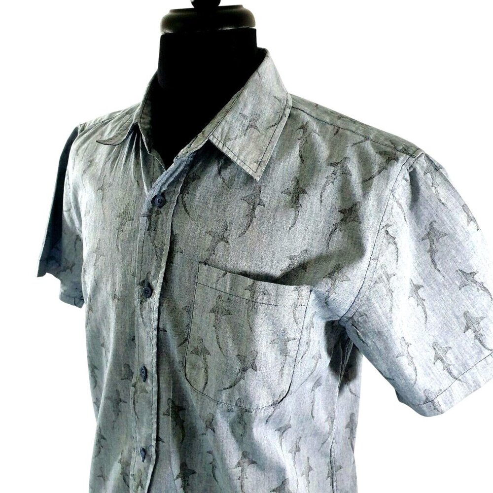 RSQ Collective Mens Medium Short Sleeve Shirt Shark Print Gray Casual Button Up - Picture 2 of 9